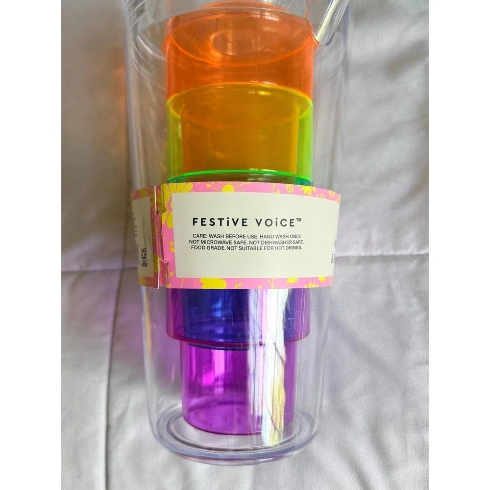 Bright & Fun Party Pitcher & Cup Set, 68 oz Pitcher, 4 Cups, 11.83 oz Each - NEW